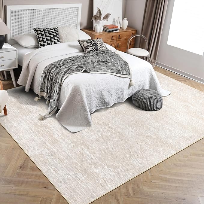 RUGSREAL Area Rug 5x7 Machine Washable Area Rug for Living Room Non-Slip Stain Resistant Modern Abstract Bedroom Rug Contemporary Solid Throw Rug Foldable Accent Floor Carpet for Dining Room, Beige