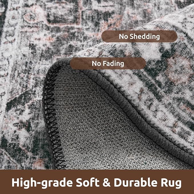 AMOAMI-2X6 Runner Rug-Washable Runners for Hallways-Soft Non Slip Bedside Rugs for Bedroom-Vintage Long Rug for Hallways Entryway Laundry Room Stair Kitchen Bathroom Dark Grey & Black