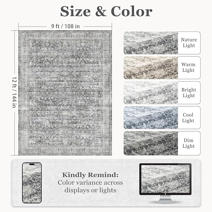 Vintage Neutral Large Area Rugs 9x12 for Living Room, Retro Grey Carpet Rug for Bedroom Dining Room, Washable Rug with Rubber Backing Low Pile Thin Soft for Family Room