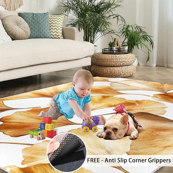 Golden Leaf Rugs for Bedroom - 3x5 Area Rug - 3D Ginkgo Leaf Rugs for Living Room, Modern Simple Art Rug, Non-Slip Washable Home Decor Carpet
