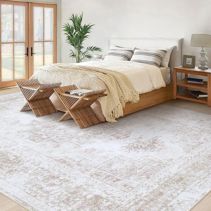 Area Rug 9x12 Living Room Rug, Machine Washable Vintage Distressed Medallion Rug Non-Slip Soft Low Pile Large Indoor Rugs for Bedroom Kitchen Dining Room Office(Beige,9'x12')