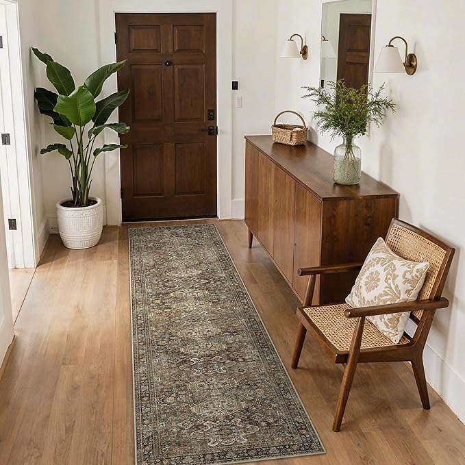 Bavni Washable Runners for Hallways 2X10, Ultra-Thin Non Slip Long Runner Rug, Print Vintage Aesthetic Carpet Runner, Low Pile Rugs for Kitchen Porch Bedroom, Brown