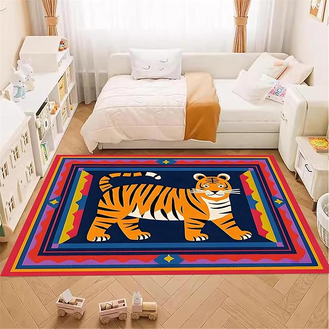 Cartoon Tiger Area Rug, 5x8ft,Tiger Theme Decorative Rug Suitable for Living Room Sofa Area, Modern Abstract Non-Slip Washable Tiger Pattern Rug Suitable for Bedroom Children's Room Decoration
