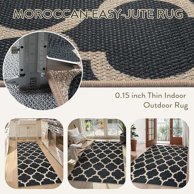 Lahome Moroccan Easy Jute Runner Rug 2x6, Black Washable Runner Rugs for Outdoor Porch Kitchen, Geometric Trellis Woven Long Carpet for Laundry, Thin Non Slip Farmhouse Porch Decor
