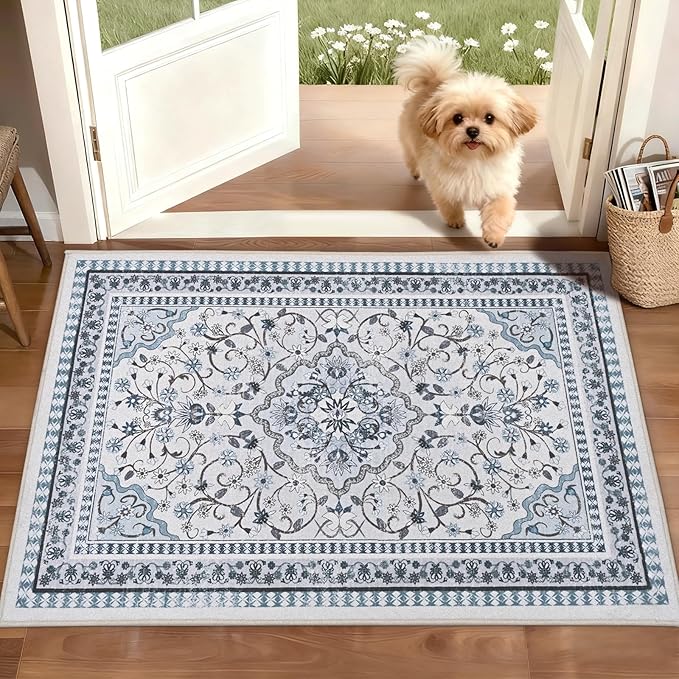 2' x 3' Blue Washable Area Rugs, Non-Slip Entryway Rug, Boho Low Pile Door Mat Indoor Entrance, Floral Medallion Pattern Vintage Rugs for Kitchen Bedroom Bathroom Laundry Living Room Farmhouse