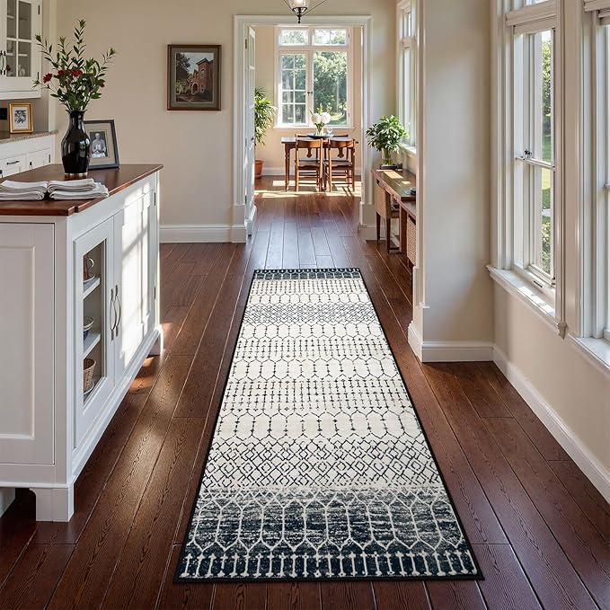 Lahome Moroccan Washable Runner Rug 2x6, Black Stain Resistant Non-Slip Kitchen Rug Runner, Ultra-Thin Geometric Print Distressed Floor Carpet for Entryway Laundry Bedroom