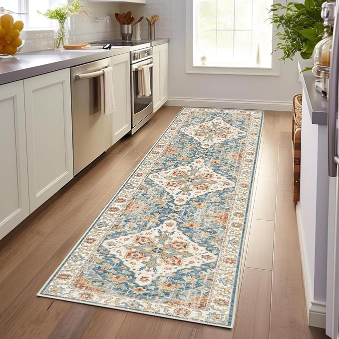 Enkor Runner Rugs for Hallway, 2.6x8 Washable Soft Non Slip Floor Rugs for Kitchen, Modern Mat for Living Room Bedroom Entryway Orange & Blue