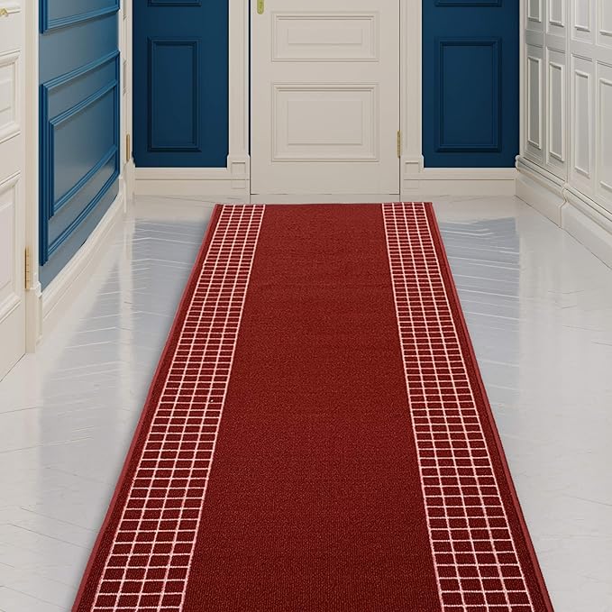 Custom Made Runner Rug for Kitchen Foyer Hallway Entry Choose Your Length 31 Inch Wide Geometric Checkered Design Red Color (35 feet x 31 Inch)