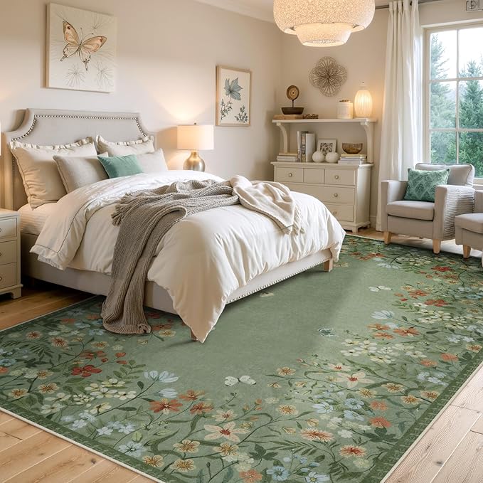 Wonnitar Washable 8x10 Living Room Area Rug, Large Green Floral Rugs for Bedroom, Non-Slip Soft Botanical Area Rug Throw Carpet for Dining Guest Room Playroom (Green,8'x10')