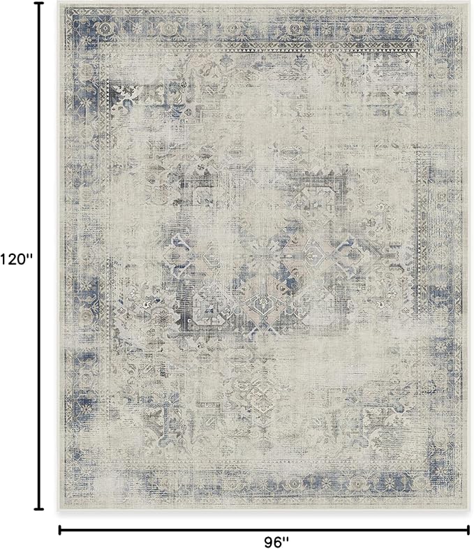 RUGGABLE Washable Vintage Area Rug – Kamran Blue Quartz 8x10, Stain-Resistant, Non-Slip – Large Machine Washable Rugs for Living Room, Bedroom, Hallway, Entryway & Office–with Cushioned Pad