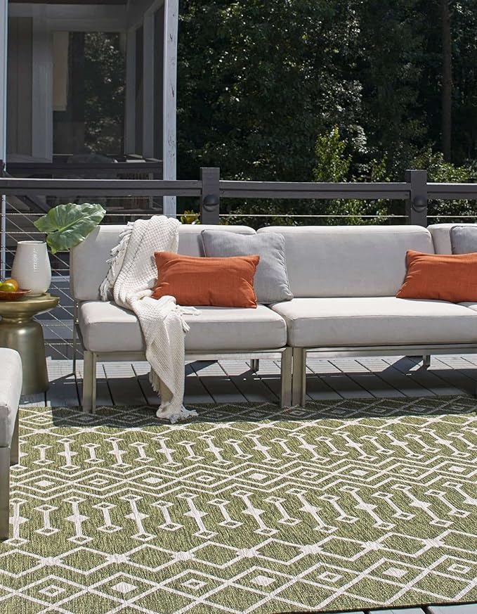 Unique Loom Outdoor Trellis Collection Area Rug - Tribal Trellis (13' Square, Green/ Natural)