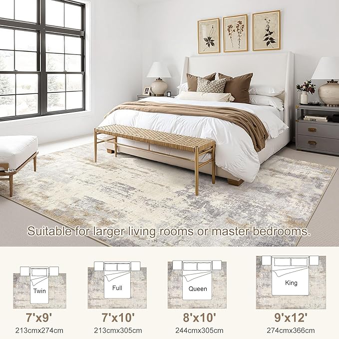 9x12 Area Rug Living Room Rugs - Washable Neutral Modern Abstract Soft Thin Rug Indoor Floor No Slip Rug Carpet for Bedroom Under Dining Table Home Office Decor - Light Brown/Gray