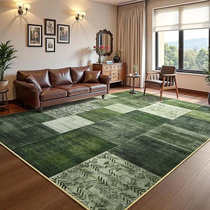DweIke Washable Area Rugs for Living Room, 5x7 Soft Bedroom Rugs, Geometric Print Non-Slip Modern Rug, Stain Resistant Throw Carpets for Office Nursery Dining Room Home Dorm Decor, Green