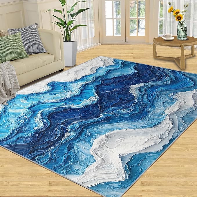 2x3 Ocean Waves Rugs for Entryway - Abstract Waves Small Area Rugs, Abstract Art Laundry Room Carpet Non Slip Accent Throw Rug for Bathroom Kitchen Sink Front Door