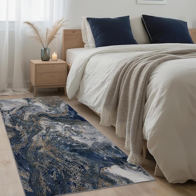 3x5 Blue Area Rug: Modern Abstract Washable Rugs for Entryway Kitchen Bedroom Indoor - Non-Slip Stain Resistant Thin Low Pile