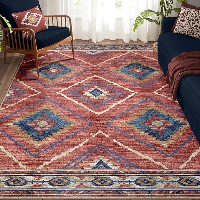 Area Rug 5x7 Rug Machine Washable Non-Slip Low Pile Print Pattern Western Rug for Living Room Bedroom Entryway Tribal Series -Red/Orange