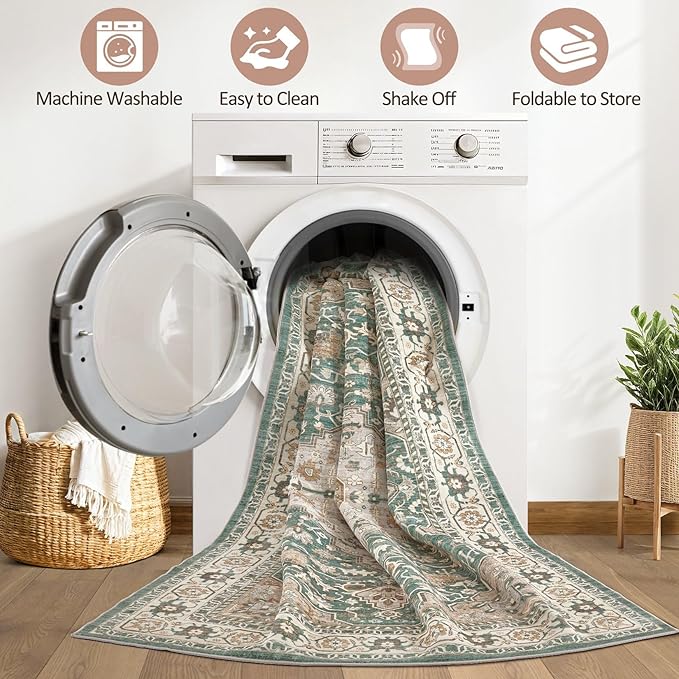 Green Rug Living Room Rugs: 7x10 Washable Boho Large Vintage Soft Stain Resistant Farmhouse Oriental Non Slip Indoor Floor Carpet for Bedroom Nursery Kids Playroom Office Dining Room Home Decor
