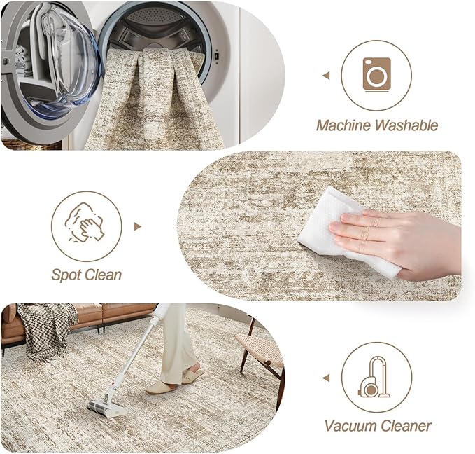 5x7 Area Rugs Brown Low Pile Indoor Washable Trendy Faded Style Rugs for Bedroom Living Room Dining Room Foldable Non-Slip Thin Print Mat
