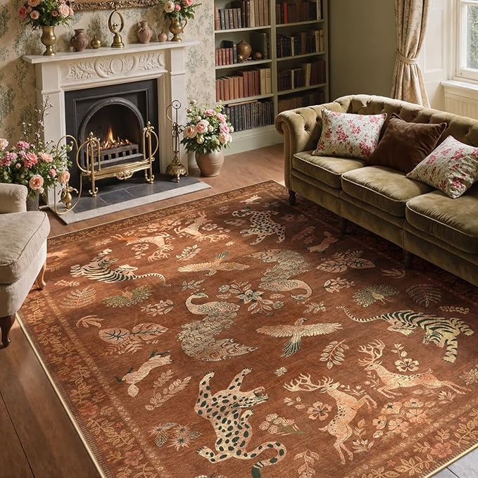 Moynesa Orange 8x10 Living Room Rugs, Vintage Peacock Floral Washable Area Rugs for Bedroom Dining Room Office Study, Low Pile Soft Non-Slip Easy Care Carpets for Fall Winter Home Decor