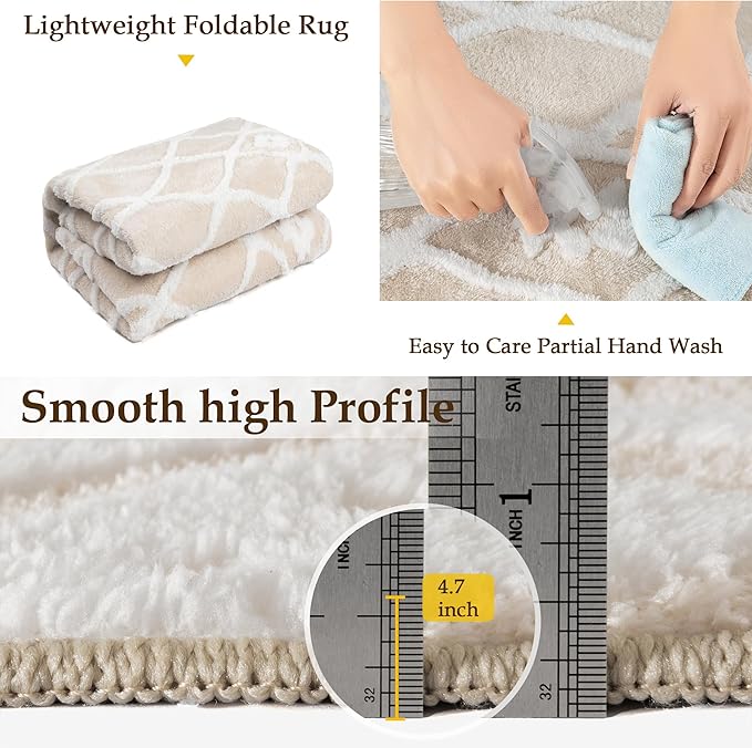 Ivory 5x7 Area Rug Moroccan Shag Living Room Washable Carpet Soft Non Shedding Neutral Boho Plush Pile Modern Large Throw Rug for Kitchen Dining Room Bedroom Office