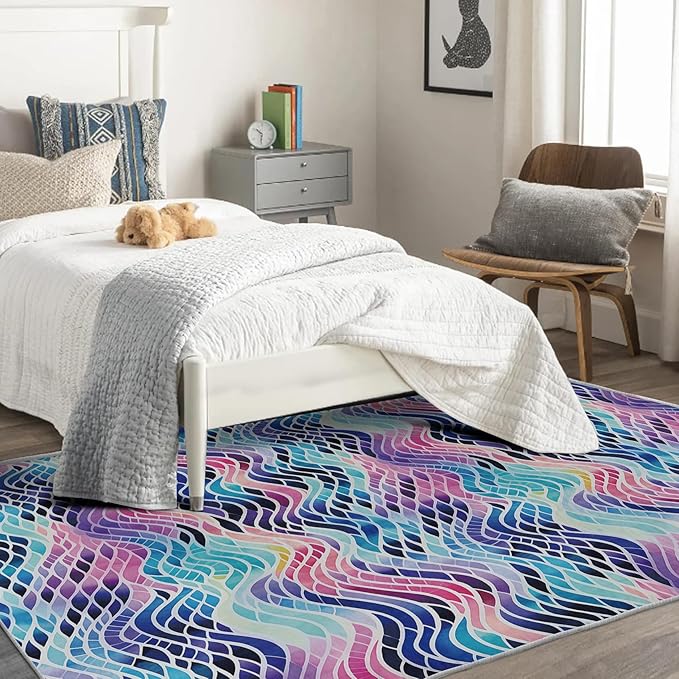Colorful Wave Rug, 5x7 Rug, Abstract Watercolor Rugs for Living Room Bedroom, Watercolor Large Area Rug, Washable Rug Non Slip Soft Indoor Carpet, Colorful Wave Home & Room Decor