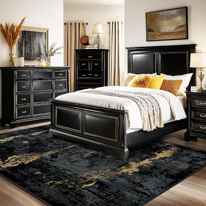 Washable Area Rugs 6'x9' Non-Slip Modern Abstract Soft for Living Room Entryway Bedroom Nursery, Print Pattern, Dark Black Gold