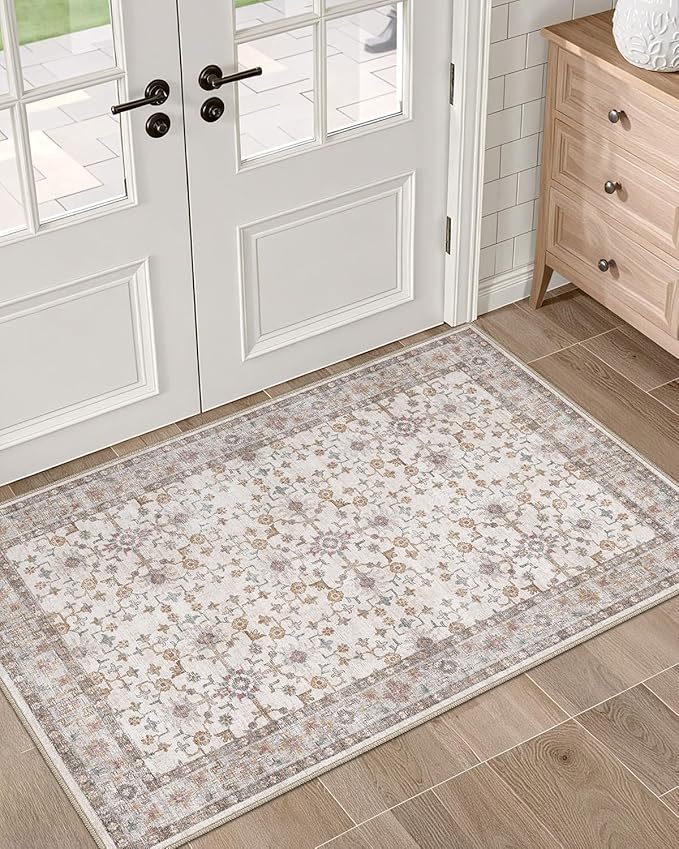 LUMI Indoor Thin Door Mat, 32x47 Washable Small Inside Doormat, Non Slip Low Pile Oriental Floor Carpet, Vintage Distressed Area Rug for Front Door,Entrance,Bedroom, Beige