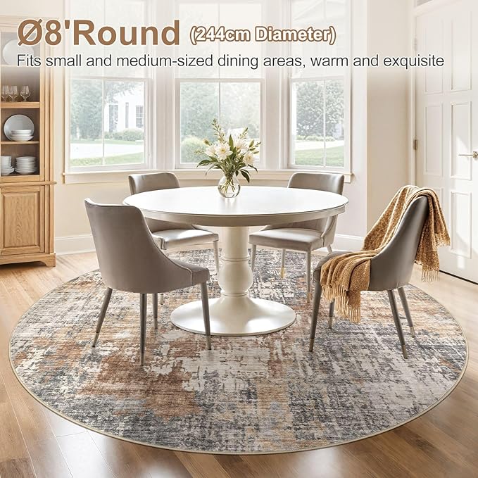 8ft Round Area Rug Living Room Rugs - 8x8 Washable Large Soft Indoor Neutral Modern Abstract Low Pile Rug Carpet for Bedroom Dining Room Farmhouse Home Office - Grey Brown