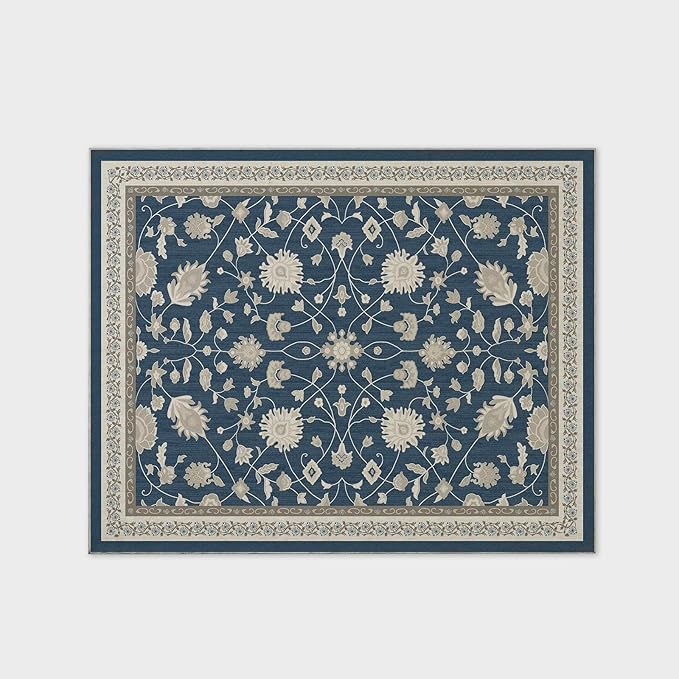 EVERGRACE Area Rugs for Living Room 8x10, Boho Floral Faux Wool Indoor Outdoor Rugs, Washable Rugs for Bedroom Dining Room Entryway Kitchen, Low Pile Floor Mat Carpet for Home Decor, Navy Blue