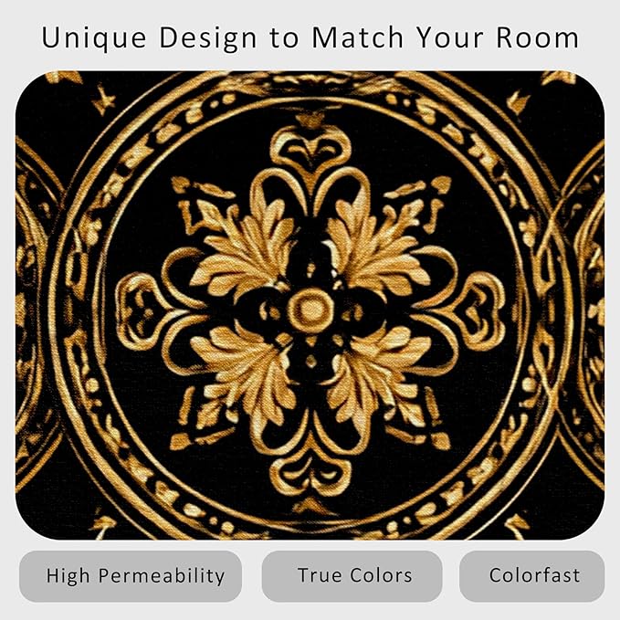 Black Gold Baroque Rug, Washable 6x8 Rug for Living Room, Floral Geometric Patterned Indoor Carpet, Black Gold Baroque Decor for Home, Bedroom, Soft Non Slip Thin Design FER70