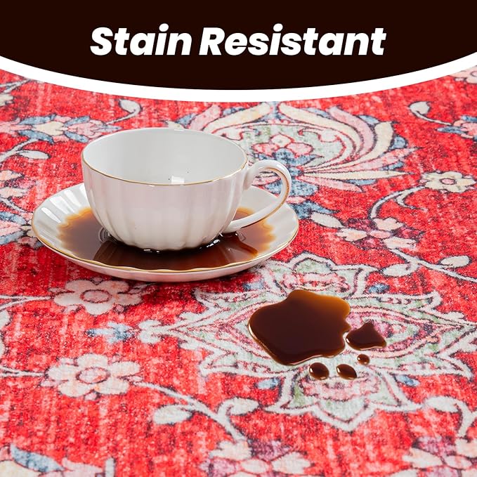 Area Rug for Living Room, 8x10 Machine Washable Non Slip Large Faux Wool Throw Rug, 0.3″ Low Pile & Non-Shedding Boho Large Carpet Rugs for for Dining Room, Bedroom, Office (Black Red)
