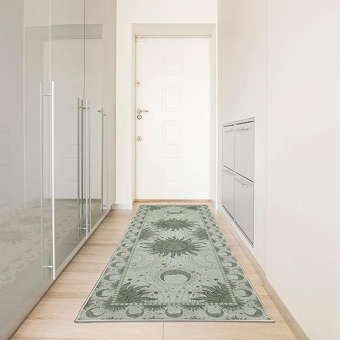 Ambesonne Sun and Moon Decorative Rug, Bohemian Artwork Design of Crescent Solar Ornament Esoteric Stars Ornaments, Quality Carpet for Bedroom Dorm and Living Room, 2' 5" x 7' 5", Pale Reseda