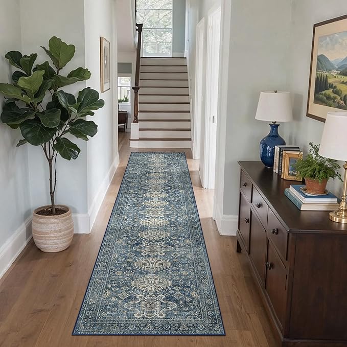 Bavni Washable Runners for Hallways 2X10, Ultra-Thin Non Slip Long Runner Rug, Print Vintage Aesthetic Carpet Runner, Low Pile Rugs for Kitchen Porch Bedroom, Blue
