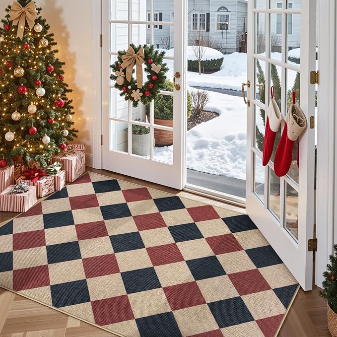 Lahome Christmas Outdoor Rug, 3x5 Outdoor Christmas Decor Rugs for Entryway Front Door Indoor Outdoor Plaid Carpet, Checkered Red and Black Non Shedding Carpet for Patio Porch