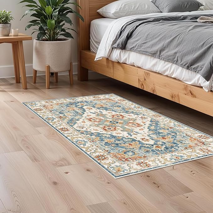 Enkor Area Soft Rugs 2x3 Washable Non Slip Boho Small Floor Entryway Rugs for Hallway, Vintage Style Farmhouse Mat for Kitchen Orange & Blue