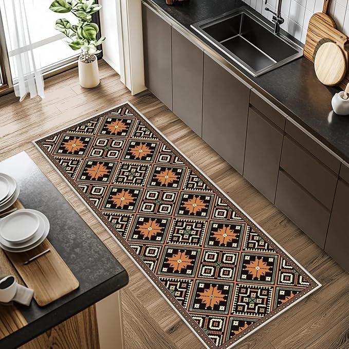 Brown Black Geometric Diamond Pattern Hallway Runner Rug - 2x6ft Soft Washable Rug, Corridor & Foyer High-Traffic Area Rugs, Durable Non-Slip Mat, Ethnic Southwestern Style Home Decor
