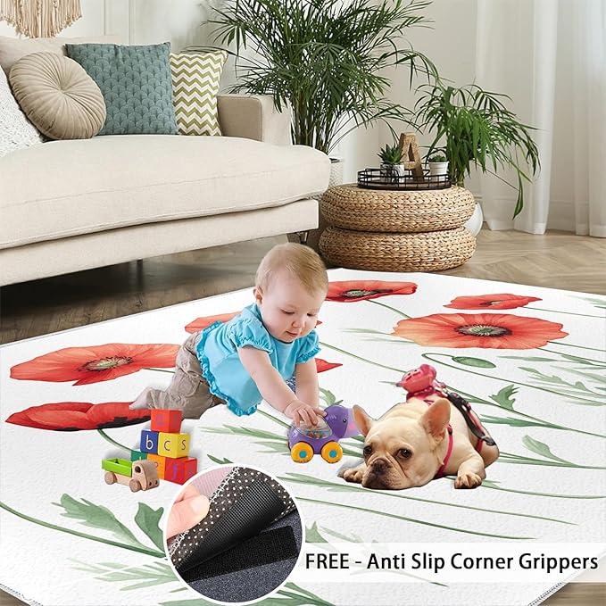 Little Red Flower Rugs for Bedroom - 5x8 Area Rug - Abstract 3D Flowers Rugs for Living Room, Modern Simple Art Rug, Non-Slip Washable Home Decor Carpet