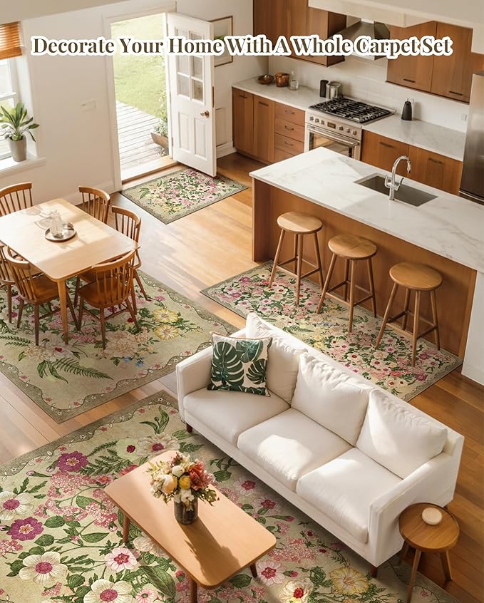 Floral Washable 5x7 Area Rugs - Living Room Rug Non Slip Low Pile Stain Resistant Carpets Indoor Vintage Flower Print Rug for Bedroom Dining Room Kitchen Home Office, Brown