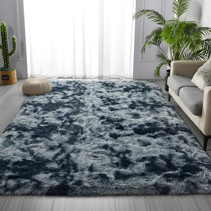 Large Shag Area Rugs 5 x 8, Tie-Dyed Plush Fuzzy Rugs for Living Room, Ultra Soft Fluffy Furry Rug for Bedroom, Indoor Carpet Nursery Rugs for Kids Room Home Decor, Blue and Grey