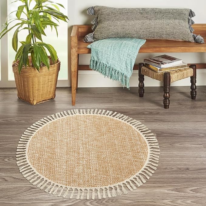 Collive Hand Woven Round Area Rug Soft Cotton Machine Washable Carpet 3ft Farmhouse Rugs with Tassels, Tan/Cream Circle Rugs for Bedroom Living Room Dining Room Table Office