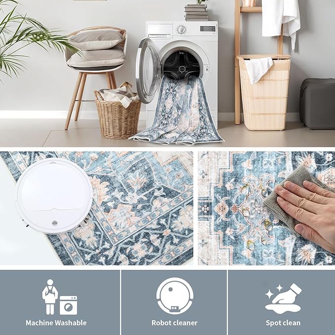 Washable 5×7 Area Rug for Living Room, Vintage Floral Rug Soft Non Slip Stain Resistant Boho Carpet for Indoor Bedroom Dinning Room Home Office Blue/Ivory