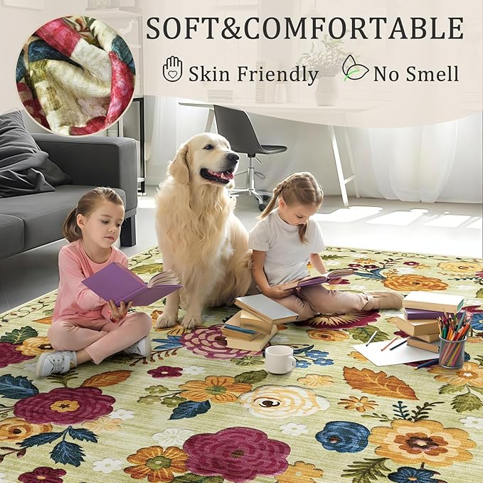 2x3 Machine Washable Area Rug for Entryway, Green Vintage Boho Floral Rug Non-Slip Low Pile Soft Faux Wool Small Carpet, Kids and Pets Friendly for Bedroom Kitchen Hallway Bedside Home Decor Rug