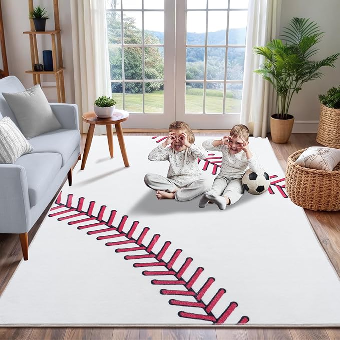 Soft Baseball Rugs for Bedroom, Machine Washable, Cute Bedside Boys Area Rug for Kids Toddlers Teens, Baseballs Lovers Home Decor Indoor Carpet for Living Room, Dorms, Nursery 4x5 Ft