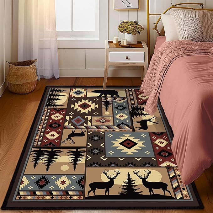 Rustic Cabin Wildlife Area Rug 5x7 Living Room Rug,Buffalo Plaid Bear Moose Deer Country,Vintage Throw Rugs Carpet for Dining Room Washable Bedroom Rug Non Slip Floor Carpets for Office,Kids Playroom