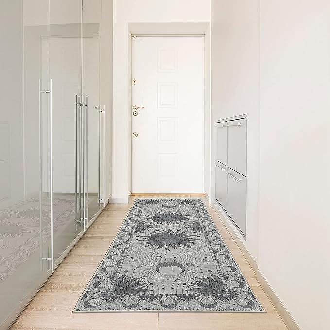 Ambesonne Sun and Moon Decorative Rug, Bohemian Artwork Design of Crescent Solar Ornament Esoteric Stars Ornaments, Quality Carpet for Bedroom Dorm and Living Room, 2' 5" x 7' 5", Dimgray