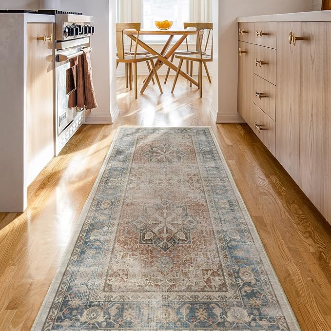 RUGGABLE Washable Vintage Runner Rug – Kamran Coral 2.5x10, Stain-Resistant, Non-Slip Hallway Runner – Machine Washable Rug for Hallway, Entryway, Living Room & Kitchen – with Standard Pad