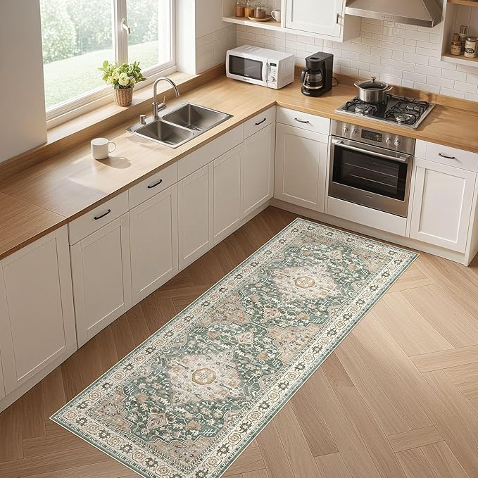 Runner Rug Kitchen Washable Rugs: 3x8 Non-Slip Abstract Soft Modern Stain Resistant Indoor Floor Neutral Accent Throw Carpet for Hallway Bathroom Laundry Room Entryway Bedroom- Green