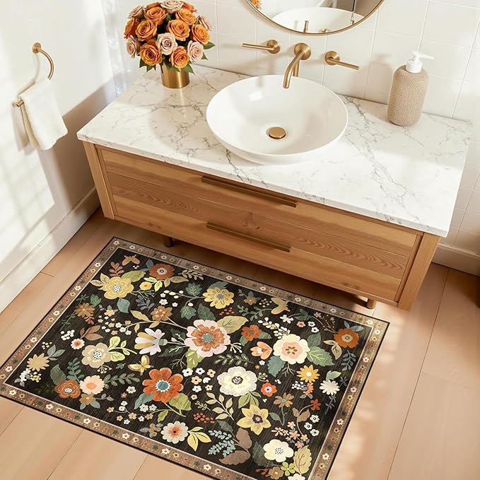 Floral 2x3 Area Rug Machine Washable Soft Print Boho Carpet Non Slip Doormat Low Pile Flower Area Rugs for Living Room Bedroom Nursery Kitchen Dining Room Indoor-Black/Yellow/Red