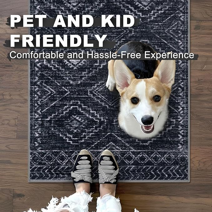 KILOCOCO Boho Kitchen Runner Rug 2x6 Washable Runner Rug, Soft Runners for Hallways Non Slip Printed Distressed Laundry Room Rug, Low-Pile Rug for Entryway/Bedroom/Living Room, Black/Navy