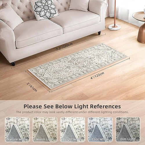 2x4 Rugs Boho Small Washable Area Rugs for Entryway Bathroom Kitchen, Small Rugs Soft Low Pile Non-Slip Rubber Backing Oriental Door Mat(Border Cream
